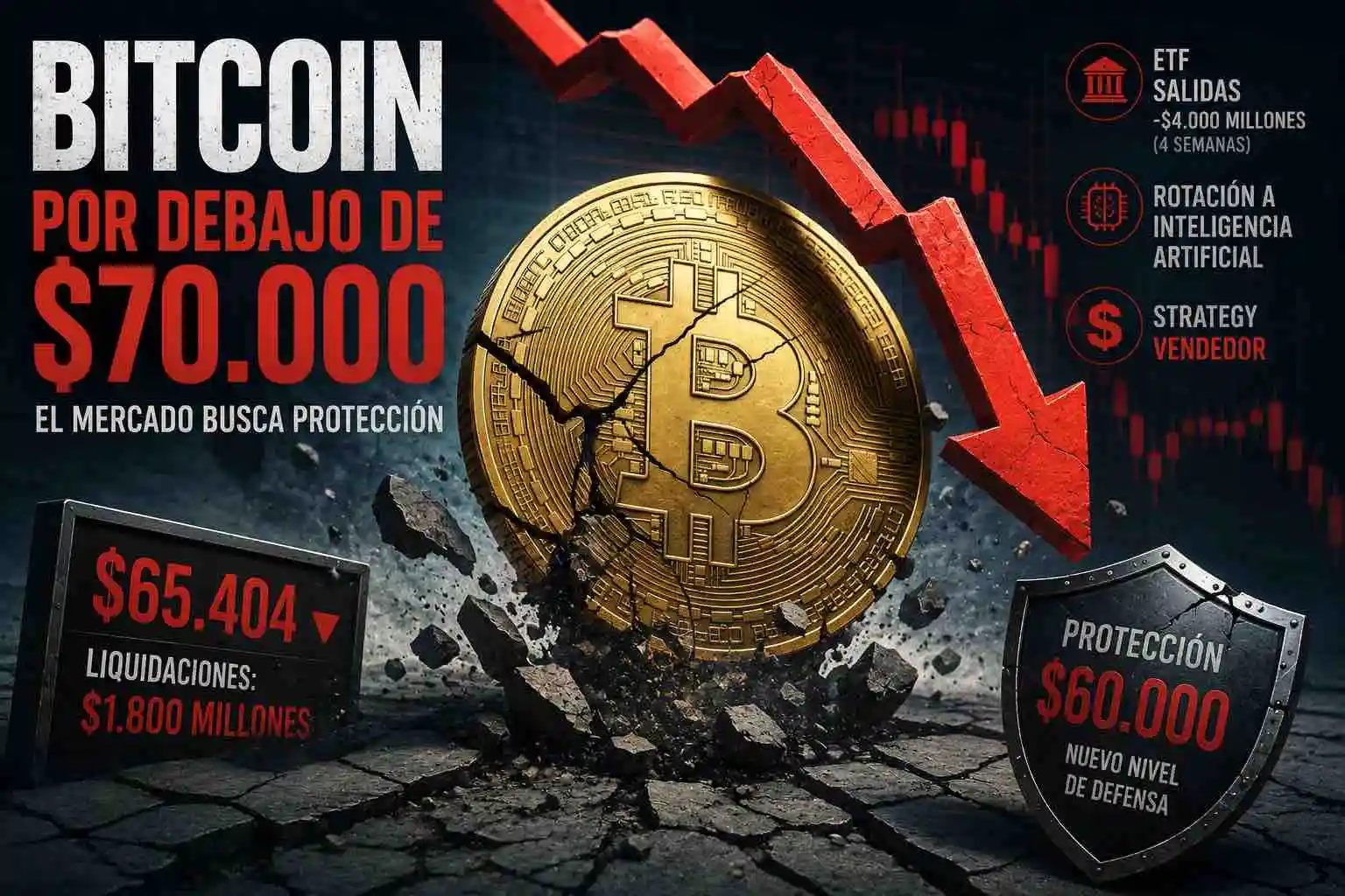 Bitcoin pierde los USD 70.000 y el mercado se prepara para caídas